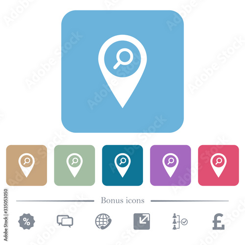 Find GPS map location flat icons on color rounded square backgrounds