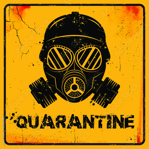Gas mask Icon on Yellow Grunge Background with warning text "Quarantine". Respirator vector illustration. Covid-19 vector concept. Coronavirus quarantin design concept.