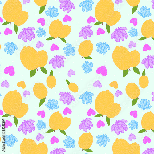 Lemons and flowers pattern blue and yellow