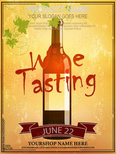 Banner or poster with a bottle of wine and vine and banner on grunge. Vintage style for wine list or invitation. Poster or flyer invitation with alcoholic beverages. EPS 10