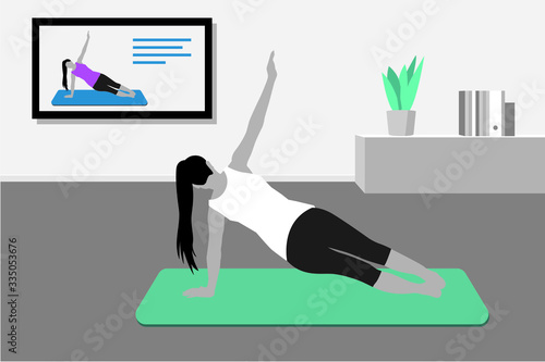 woman joining yoga class online photo