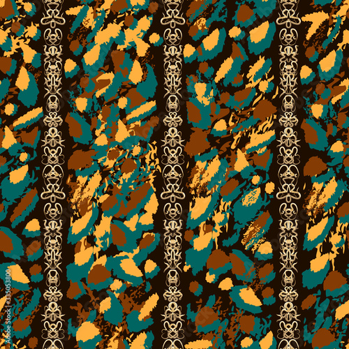 African style vector seamless pattern. Abstract turquoise, orange and brown spots and gold ornate chains on black background for design, textile, wallpaper, wrapping, carton, print, ceramic tile.