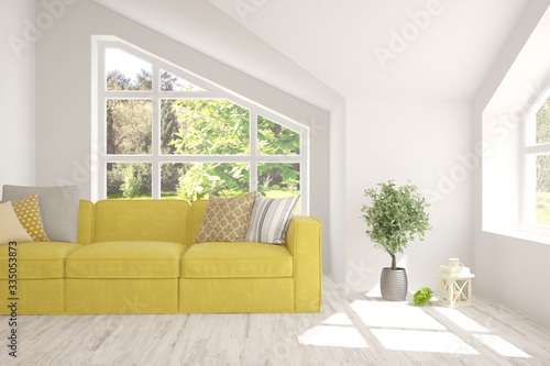 White living room with sofa and summer landscape in window. Scandinavian interior design. 3D illustration © AntonSh