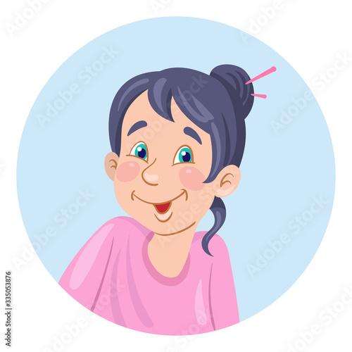 Portrait of a cute happy girl. Avatar icon in the circle. Isolated on white background. Flat style. Vector illustration.