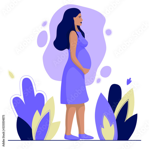 Pregnant woman in a long term in a dress, vector illustration in purple tones, surrounded by plants