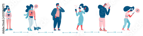 Group of People in Queue, Social Distancing Concept Protection, Prevention of Coronavirus Covid-19. Flat vector illustration.