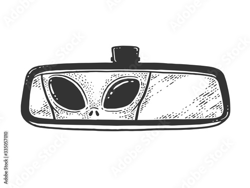 alien is reflected in car rear view mirror sketch engraving vector illustration. T-shirt apparel print design. Scratch board imitation. Black and white hand drawn image.