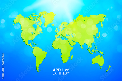 Earth Day banner. Map of the world. Green Globe planet Vector illustration. For media design and business infographic  website  cover  annual reports. Sun light and blue sky