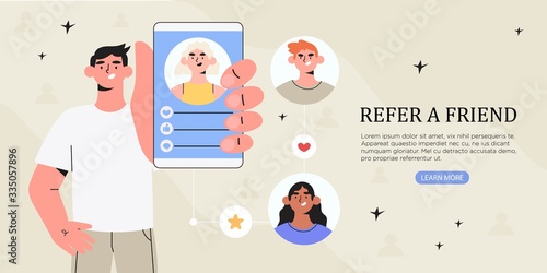 Refer a friend concept with man holding smartphone with his friends social media profile pages or user accaunt. Refferal marketing strategy banner, landing page template, ui, web, banner, flyer.