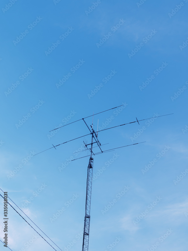 A three-element Yagi Uda antenna used for long-distance (skywave) communication in the shortwave bands by an amateur radio station.