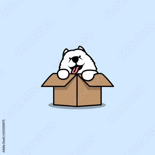 Cute samoyed puppy in the box cartoon icon, vector illustration
