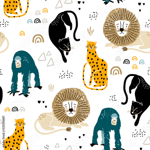 Seamless jungle pattern with african animals, panther, lion, orangutan, cheetah and hand drawn textures. Perfect for fabric,textile. Creative Vector background