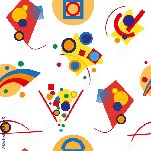 Vector seamless pattern with abstract objects made of geometric shapes on white background. Red, blue, yellow, orange colors. 