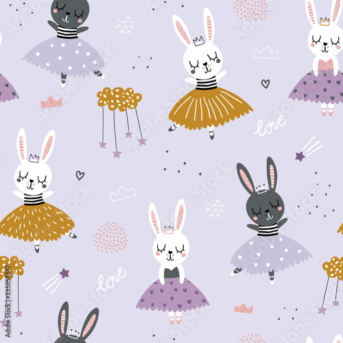 Childish seamless pattern with cute bunnies ballerinas. Creative vector childish background for fabric, textile