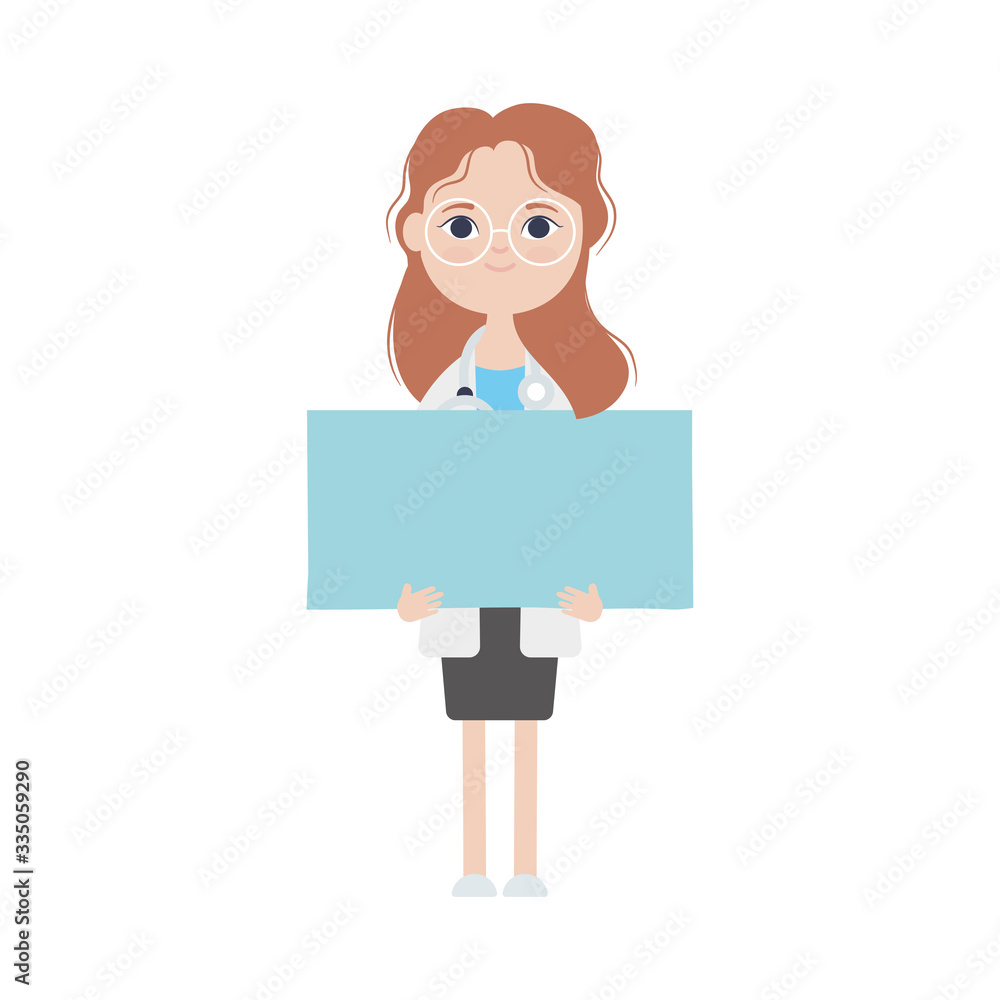doctor woman with blank billboard, flat style