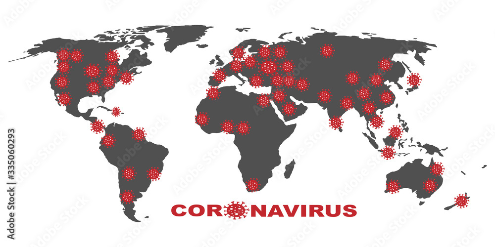 Obraz premium Coronavirus on a world map. The virus is in China, Europe, USA, Africa, Australia and in many other countries. Vector illustration