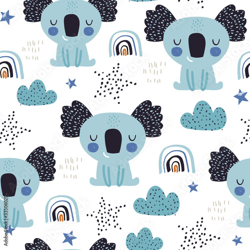 Seamless childish pattern with cute koala baby . Creative scandinavian kids texture for fabric, wrapping, textile, wallpaper, apparel. Vector illustration