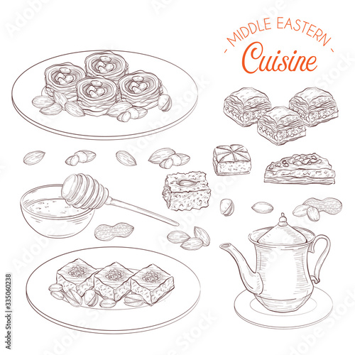 Arabic Food. Middle Eastern sweets and tea