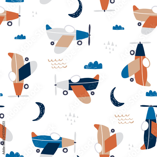 Childish seamless pattern with retro aircrafts. Trendy scandinavian vector background. Perfect for kids apparel,fabric, textile, nursery decoration,wrapping paper