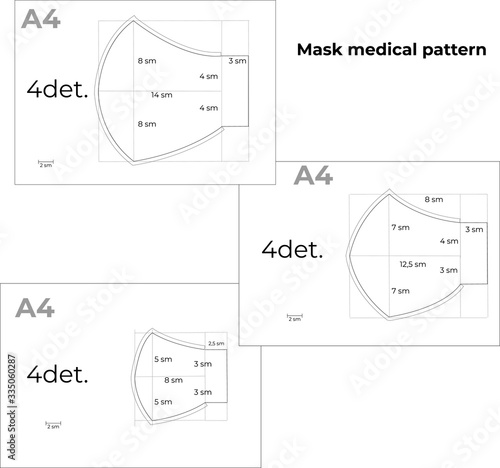Reusable medical mask template against influenza viruses. Instructions for printing A4 format. DIY sewing pattern. The size is large, medium and children. Vector illustration.