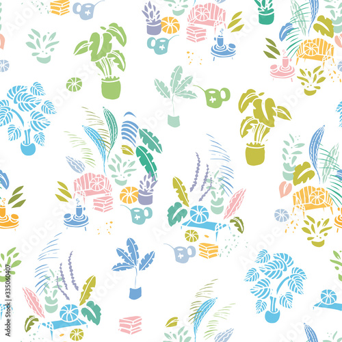 Hygge cozy lifestyle plant pattern with modern floral shape in pastel tones. Happy simple tropical plant pattern. Surface pattern design.