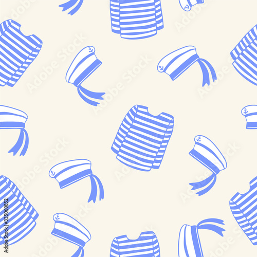 Geometric seamless pattern, cap sailor cap and vest, sweater with stripes, vector on a pink background. 