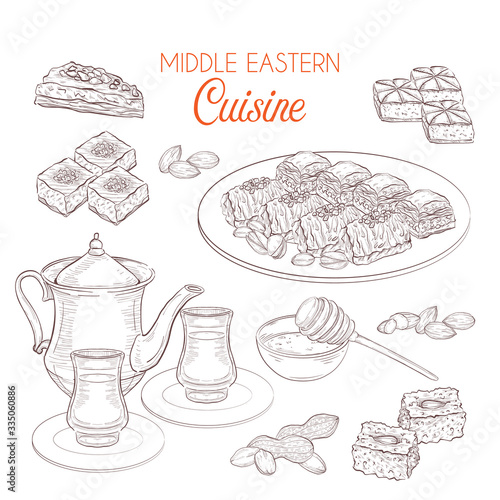 Arabic Food. Middle Eastern sweets and tea