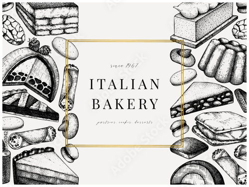 Italian desserts, pastries, cookies banner. With hand drawn baking sketch illustration. Vector bakery design. Vintage Italian sweets background for fast food delivery, cafe, restaurant menu.