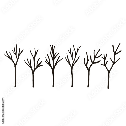 Black branch tree or naked trees silhouettes set. Hand drawn isolated illustration. Laser cutting template. 