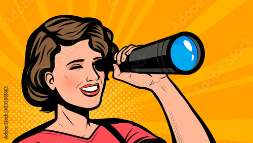 Girl looking through spyglass. Retro comic pop art vector illustration