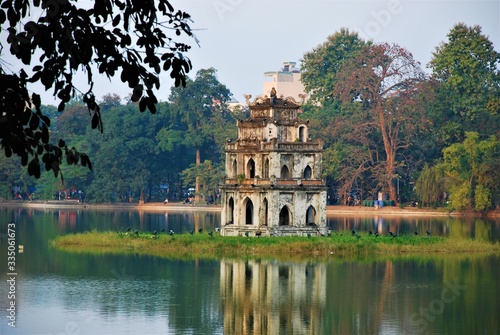 Hoan Kiem Lake with the Turtle Tower in Hanoi Vietnam