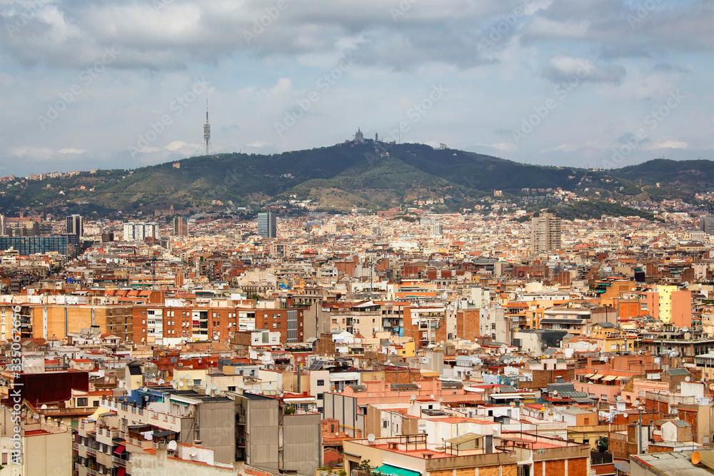 Aerial view of of Barcelona city from the park called 