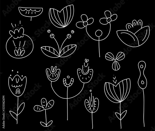 White linear flowers on a black background. Vector illustration