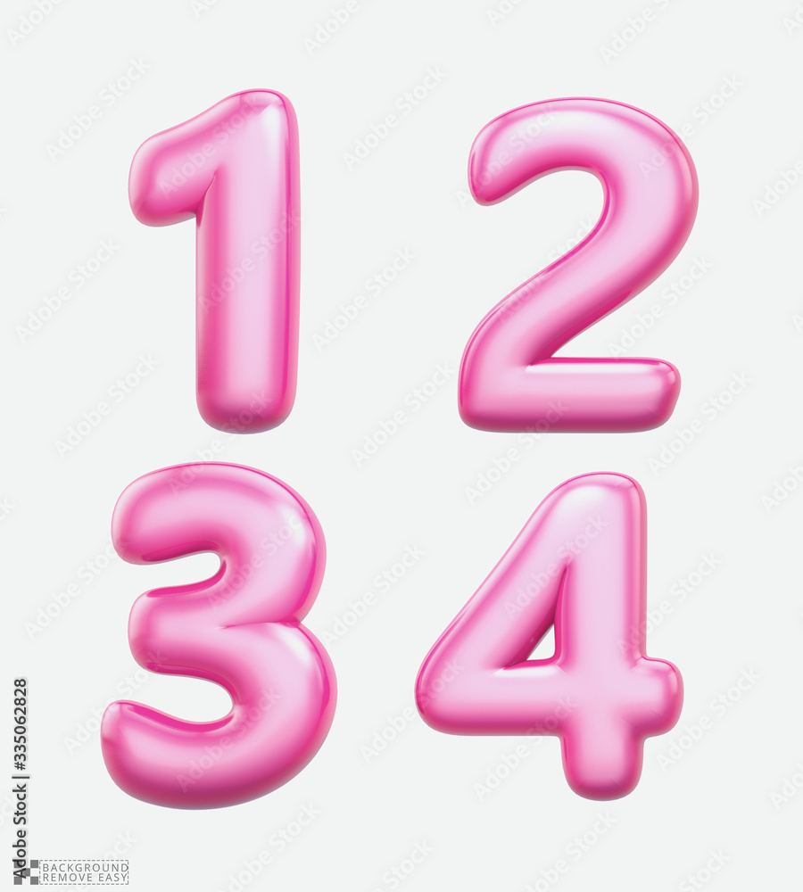 Numbers 1, 2, 3, 4, bublle. Font bubble gum. 3D render set of pink cartoon. Bubble Gum isolated on white background. Modern font. Numbers 1, 2, 3, 4, bublle. Font bubble gum. 3D render set of pink cartoon. Bubble Gum isolated on white background. Modern font.