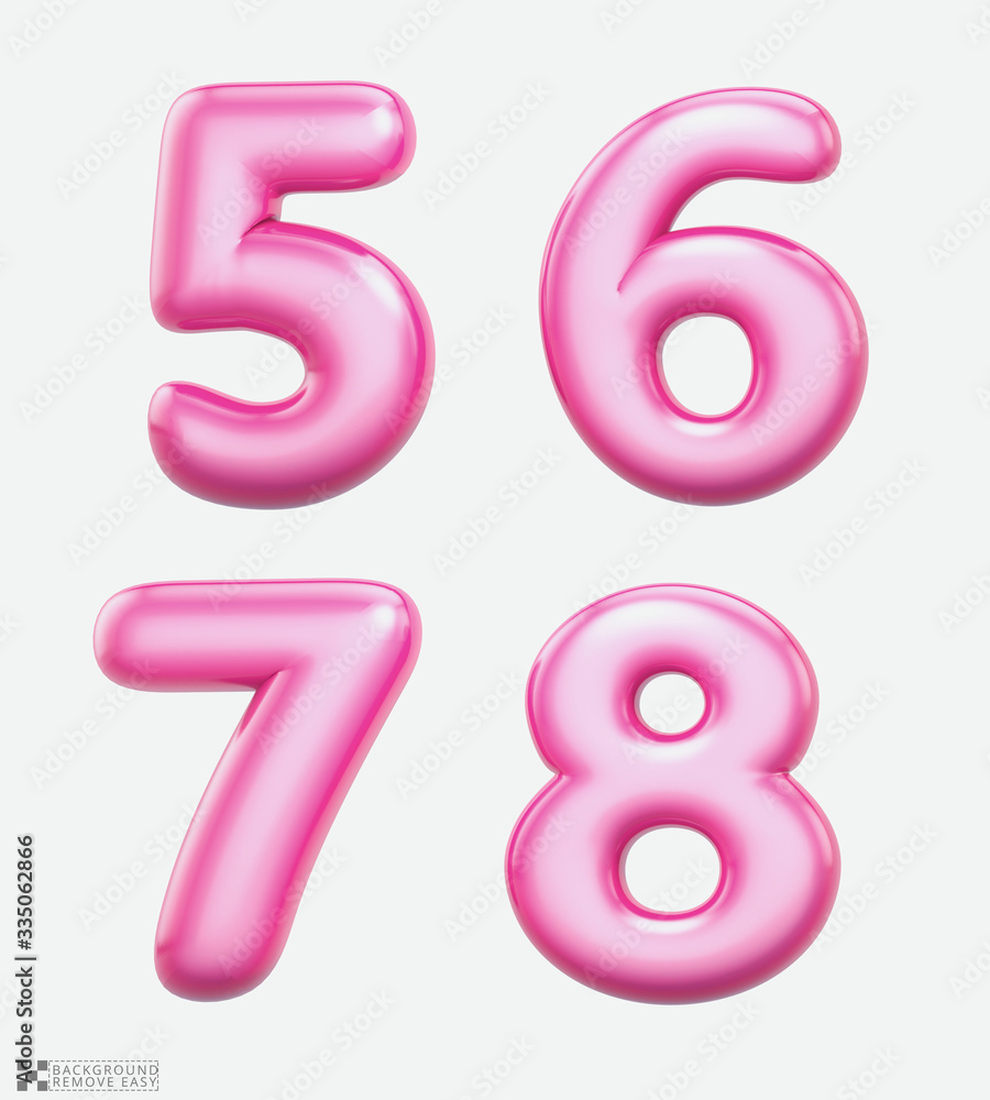 Numbers 5, 6, 7, 8 bublle. Font bubble gum. 3D render set of pink cartoon. Bubble Gum isolated on white background. Modern font. Numbers 5, 6, 7, 8 bublle. Font bubble gum. 3D render set of pink cartoon. Bubble Gum isolated on white background. Modern font.