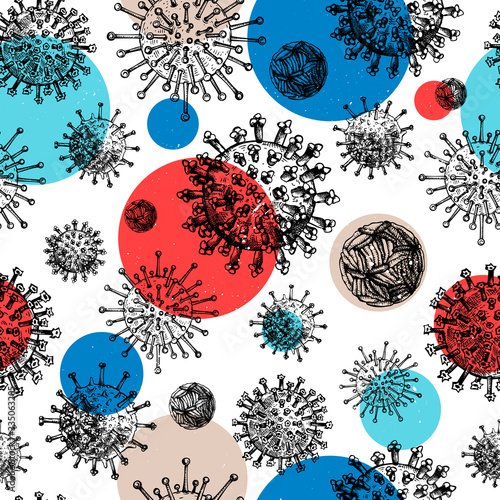 Coronavirus COVID-19 seamless pattern. Different kinds of viruses. Biology organisms backdrop in vintage engraved style. Respiratory virus infection background. Hand drawn corona virus illustration