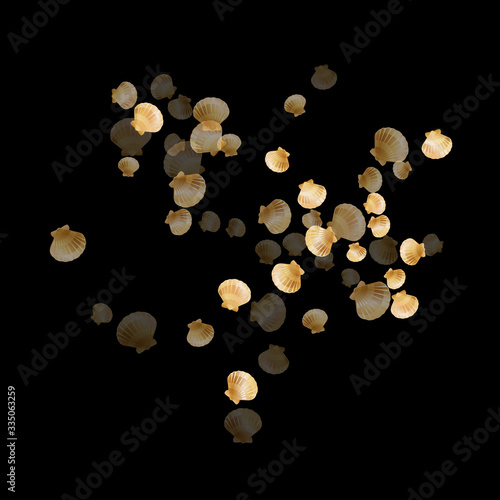 Gold seashells vector, golden pearl bivalved mollusks.