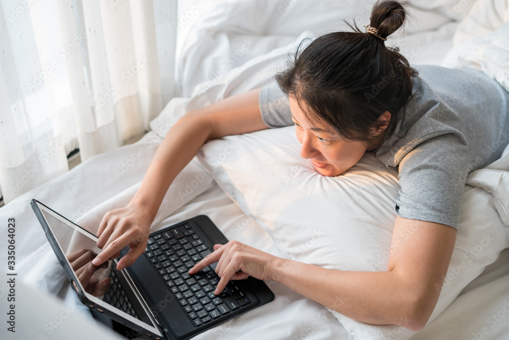 Work from Home concept , woman Self quarantine at home for social distancing Work from Home concept , woman Self quarantine at home for social distancing