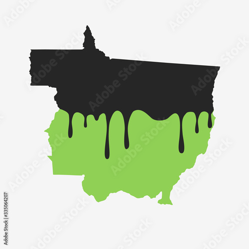 Map of Mato Grosso covered in oil. Oil pollution in Brazilian state. Conceptual.