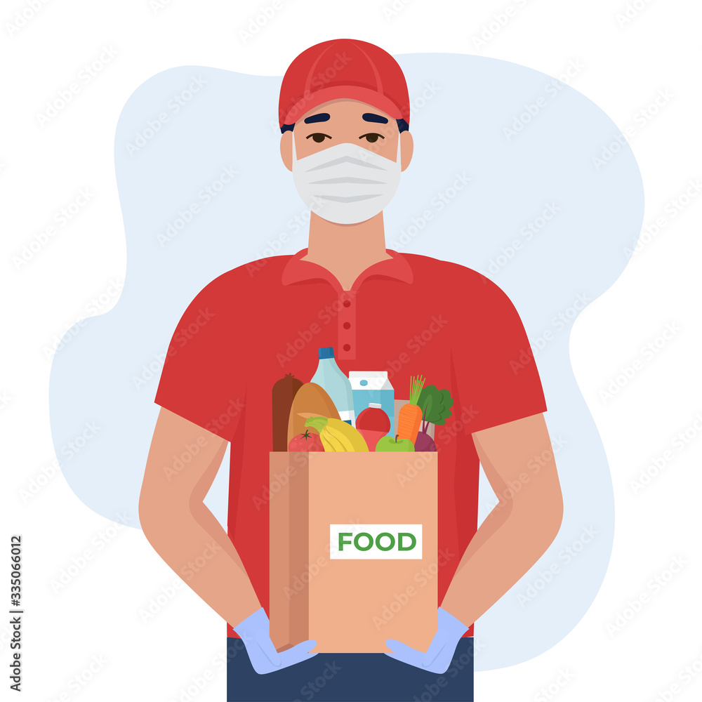 Courier in uniform and medical mask with food in a paper bag. Food delivery services while quarantine. Virus infection prevention. Flat vector illustration. Courier in uniform and medical mask with food in a paper bag. Food delivery services while quarantine. Virus infection prevention. Flat vector illustration.