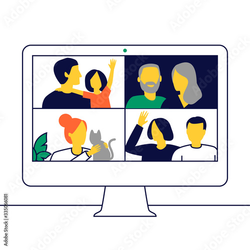 Familiares y amigos tienen una videollamada. Concepto de videoconferencia, conectividad y comunicación desde la distancia.