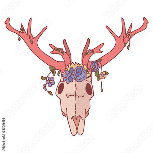 Pink kawaii cartoon deer skull animal illustration. Cute girly doe with flower antler. Childish hand drawn doodle style. For baby nursery decor, boho kids fashion, trendy doodle woodland graphic.
