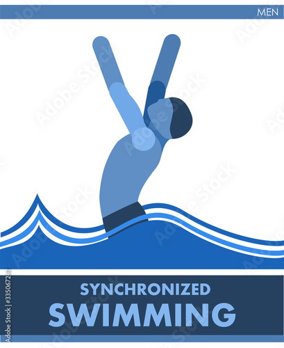 Solo synchronized swimming sports. Male competition. Vector. Icon, pictogram. Summer international sports. Guys are swimming in the pool. Men competition. Symbol of championship, club.