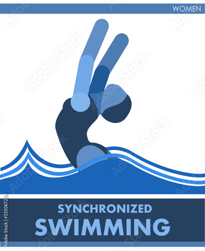 Solo synchronized swimming sports. Female contest. Vector. Icon, pictogram. Summer international sports. Girls are swimming in the pool. Women of competition. Symbol of championship, club.