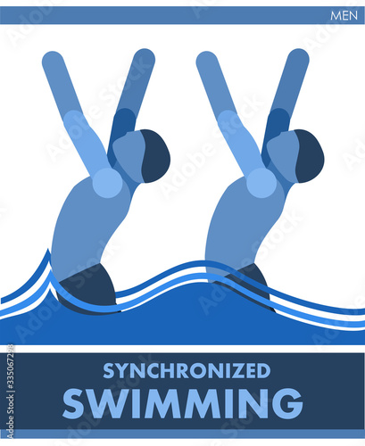 Dual synchronized swimming sports. Male competition. Vector. Icon, pictogram. Summer international sports. Guys are swimming in the pool. Men competition. Symbol of championship, club.