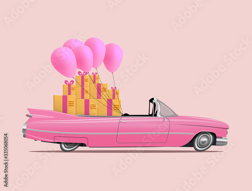 Retro cartoon pink car roadster with full saloon of gift boxes and pink balloons. Gift delivery service concept or happy birthday card design template. Vector illustration