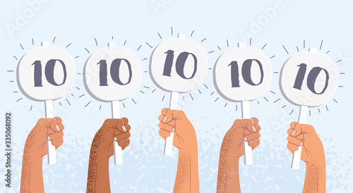 Group of raised human hands holding score cards with highest score. Juries assessment on the competition. Vector illustration.