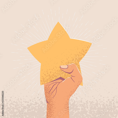 Raised up arm holding star. Costumer feedback or star rating concept. Vintage styled vector illustration.