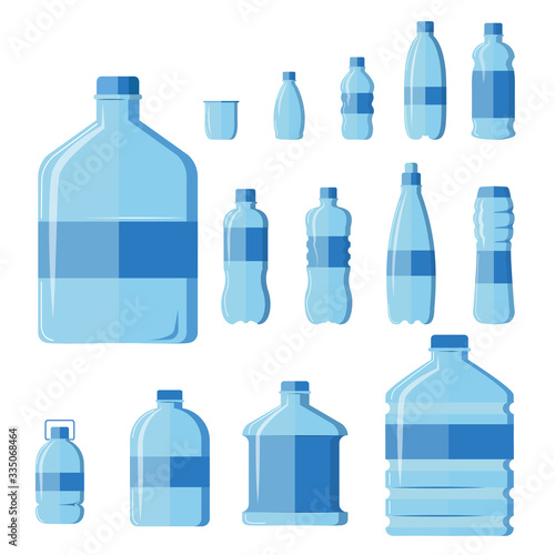Plastic water bottle set isolated on white background. Healthy agua bottles vector illustration. Clean drink in plastic container