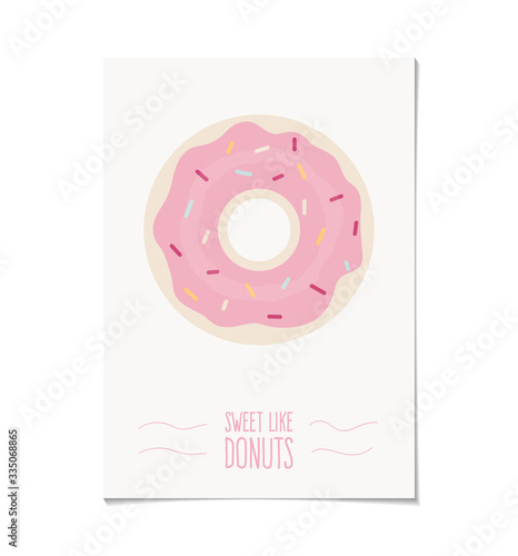 Sweet donuts card. Vector illustration of chocolate, glazed donuts. Food, pastry poster. Template for design.